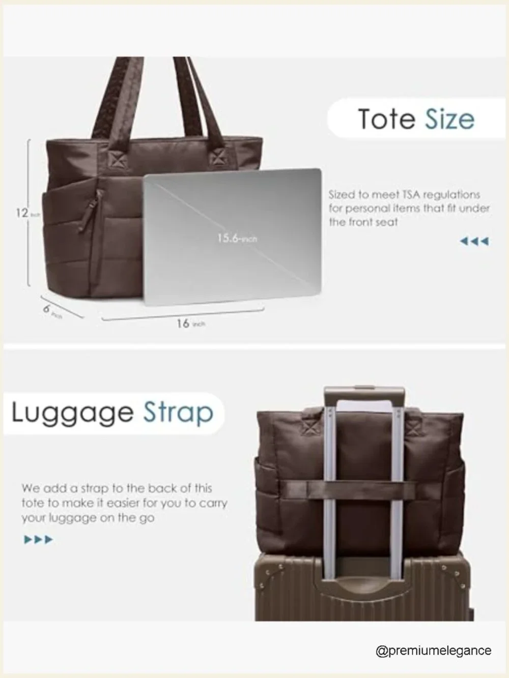 Quilted Puffer Tote with Laptop Compartment, 20L, Water Resistant, Lightweight